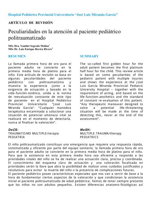 Peculiaridades en la atenciÃ³n al paciente pediÃ¡trico politraumatizado