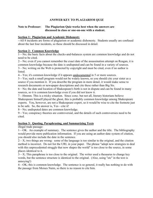 answer key to plagiarism