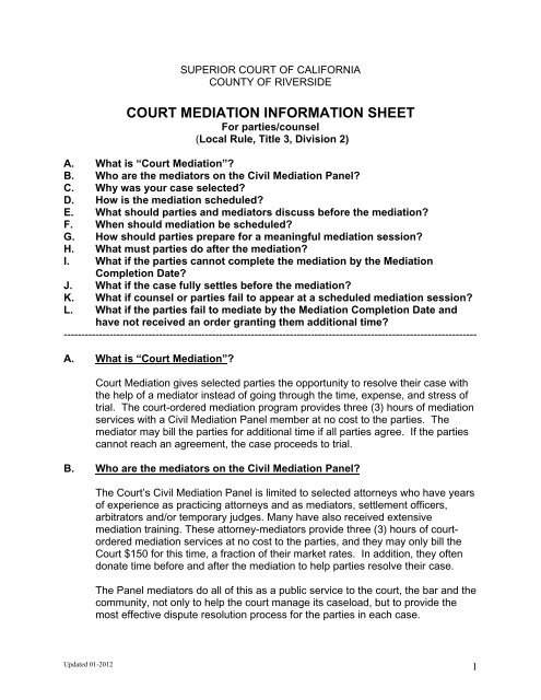 court mediation information sheet - Superior Court, Riverside