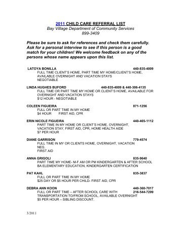 CHILD CARE REFERRAL LIST - City of Bay Village