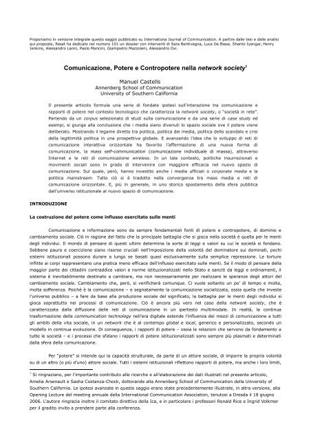 Comunicazione, Potere e Contropotere nella network society - EZA