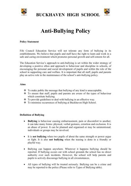 BUCKHAVEN HIGH SCHOOL Anti-Bullying Policy
