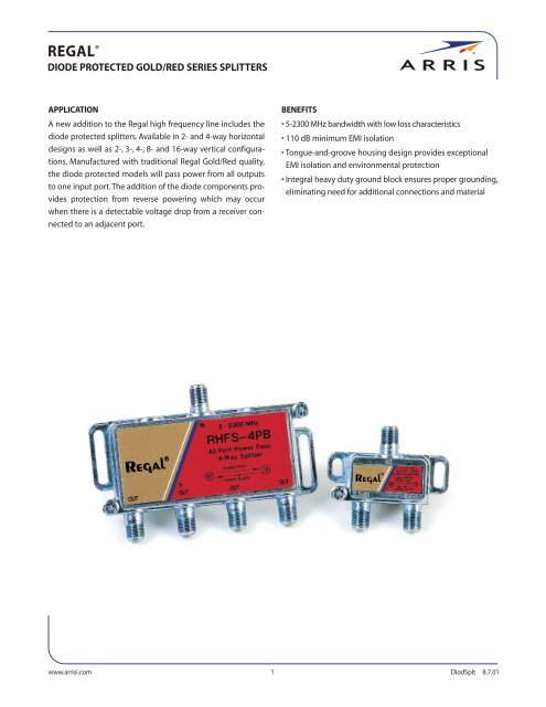 Regal Diode Protected Gold/Red Series Splitters Spec Sheet - Arris