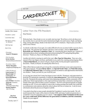 Letter from the PTA President - Carderock Springs PTA