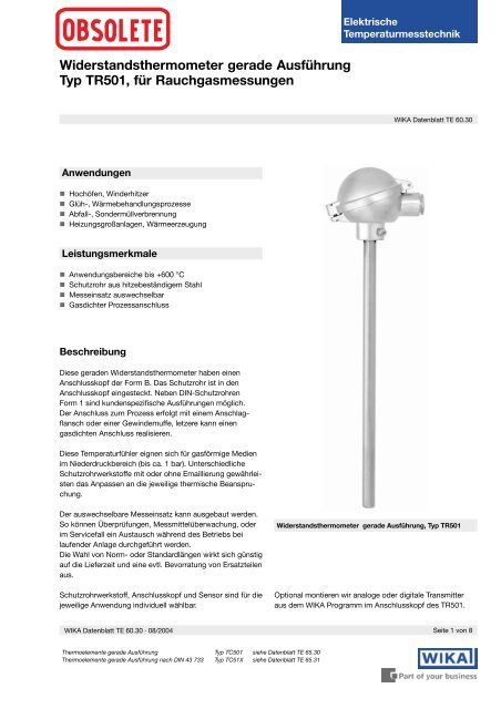 Widerstandsthermometer gerade AusfÃ¼hrung Typ TR501, fÃ¼r ...