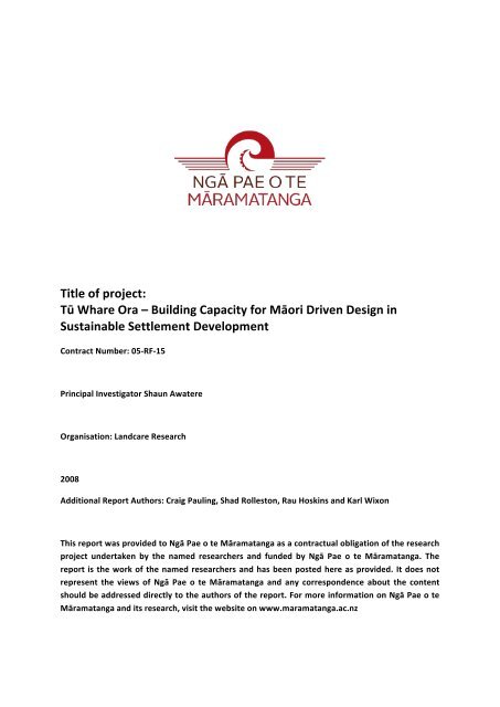 Title of project: TÅ« Whare Ora â Building Capacity for MÄori Driven De