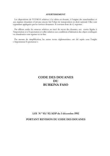 code des douanes du burkina faso - On TRACK against Corruption