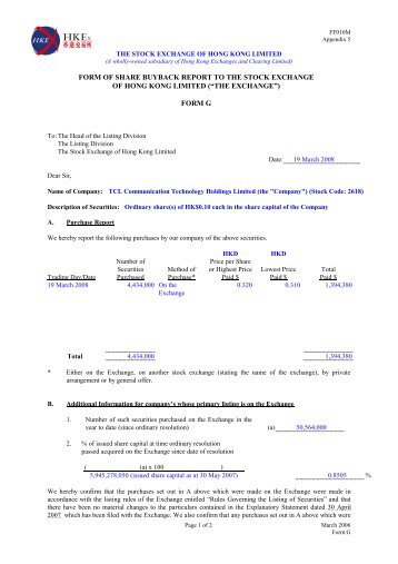 Appendix 5 FORM OF SHARE BUYBACK REPORT TO THE STOCK ...