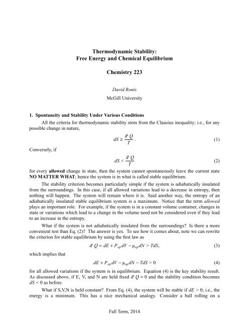 Thermodynamic Stability: Free Energy and ... - McGill University