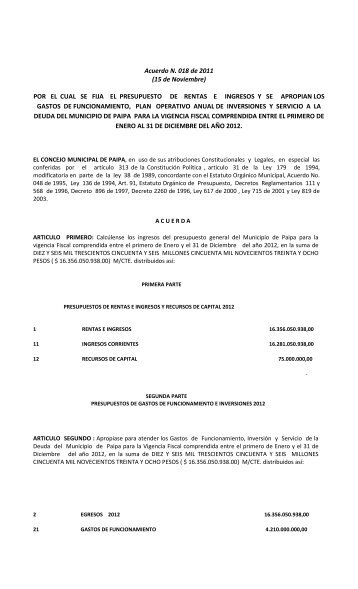 Acuerdo 018 de 2011 - AlcaldÃ­a de Paipa