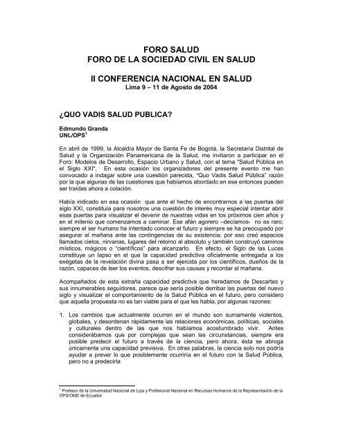 Quo Vadis Salud PÃºblica - Facultad de Ciencias de la Salud