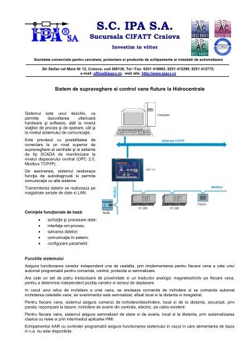 Sistem de supraveghere si control vane fluture la Hidrocentrale