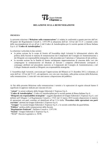 relazione sulla remunerazione - Gruppo Editoriale L'Espresso S.p.A.