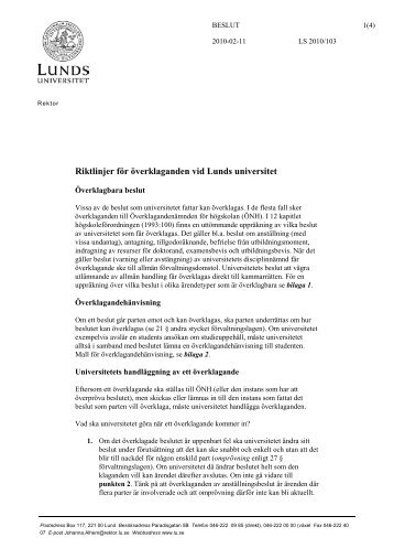 Riktlinjer fÃ¶r Ã¶verklaganden vid Lunds universitet. Beslut av rektor ...