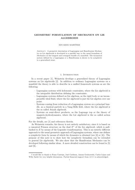 GEOMETRIC FORMULATION OF MECHANICS ON LIE ...