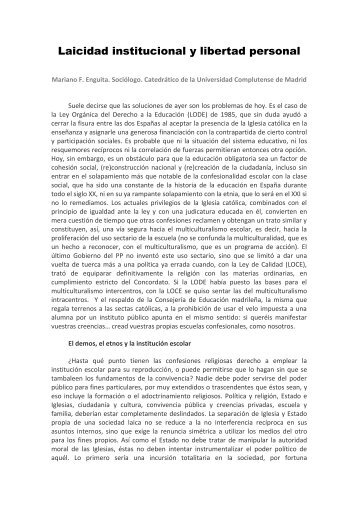 Laicidad institucional y libertad personal. Mariano F. Enguita