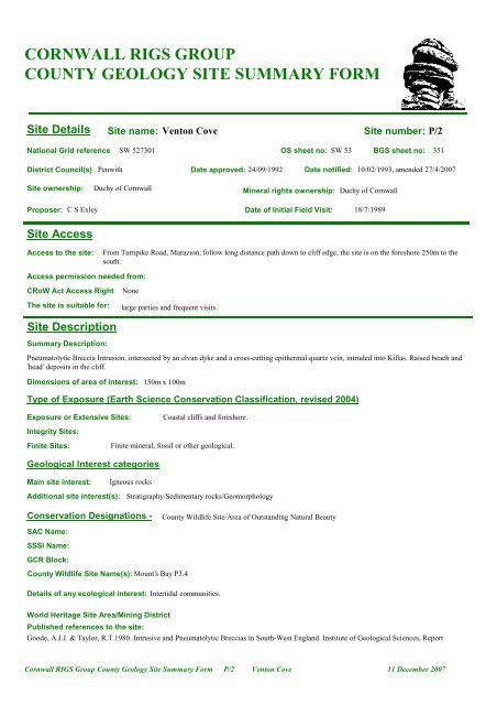 County Geology Site Criteria for Cornwall and the Isles of Scilly