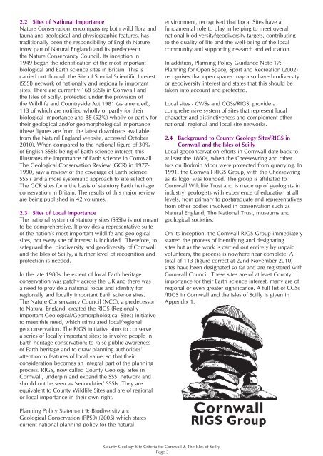 County Geology Site Criteria for Cornwall and the Isles of Scilly