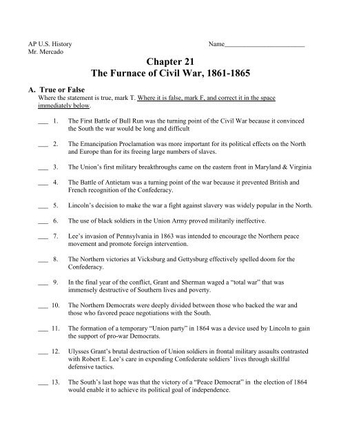 Chapter 21 The Furnace Of Civil War 1861 1865