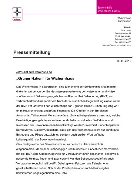 "GrÃ¼ner Haken" fÃ¼r Wichernhaus - Kreuznacher Diakonie