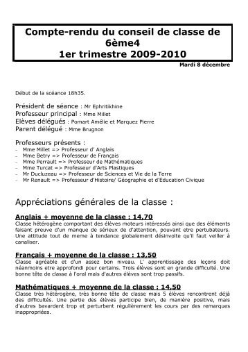 Compte-rendu du conseil de classe de 6Ã¨me4 1er trimestre 2009 ...