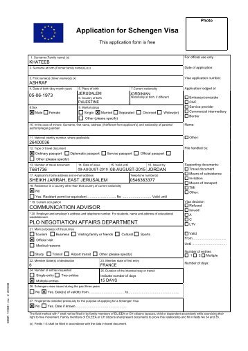 Application for Schengen Visa - Palestine Liberation Organization ...