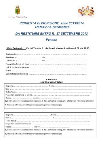 ISCRIZIONE MENSA SCOLASTICA 2013-2014.pdf - Comune di ...