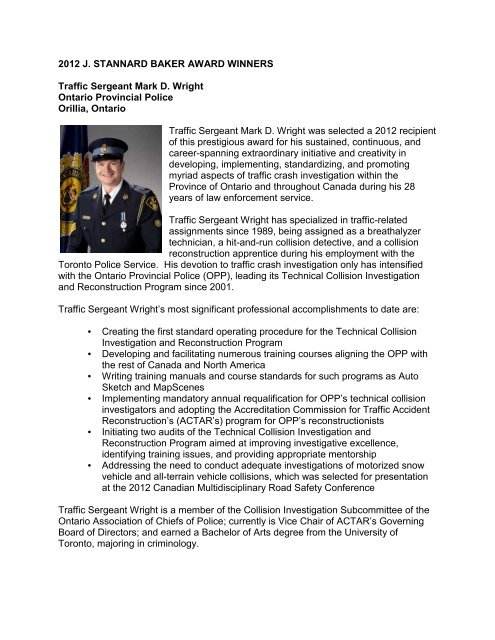 2012 J. STANNARD BAKER AWARD WINNERS Traffic Sergeant ...