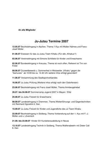 Ju-Jutsu Termine 2007 - TuS Rheinland Dremmen