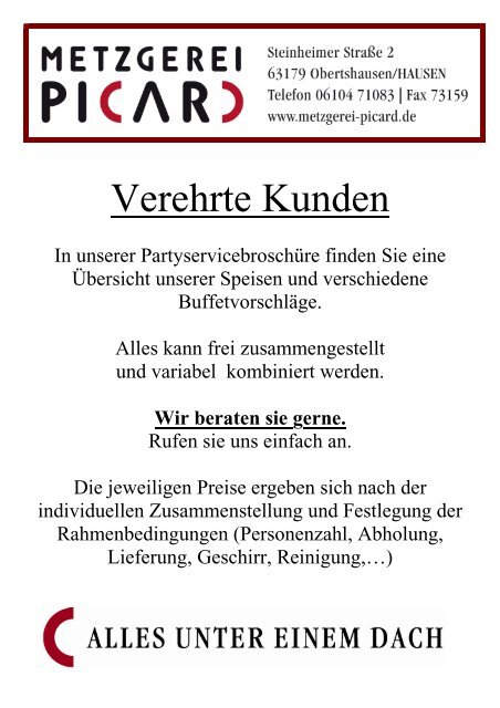 Partyservice Gesamtliste Internet Metzgerei Picard