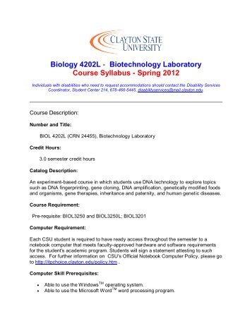 Biotechnology Laboratory Course Syllabus - Spring 2012