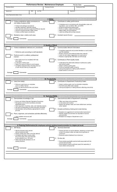 Maintenance Staff Appraisal Form - FacilitiesNet