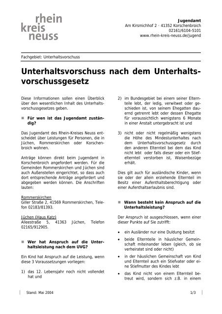 Unterhaltsvorschuss nach dem Unterhalts- vorschussgesetz