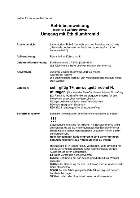 Betriebsanweisung - Fachrichtung Chemie und Lebensmittelchemie