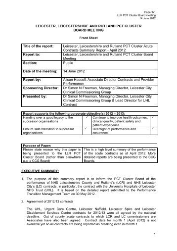 1 LEICESTER, LEICESTERSHIRE AND RUTLAND PCT CLUSTER ...