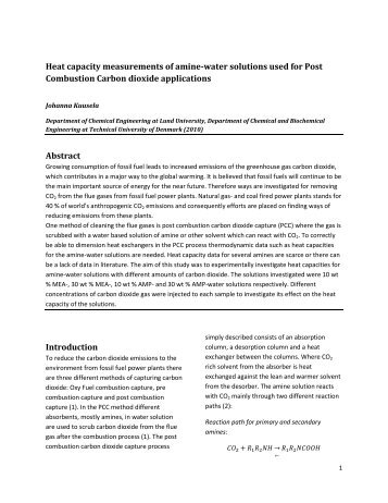 Heat capacity measurements of amine-water solutions used for Post ...