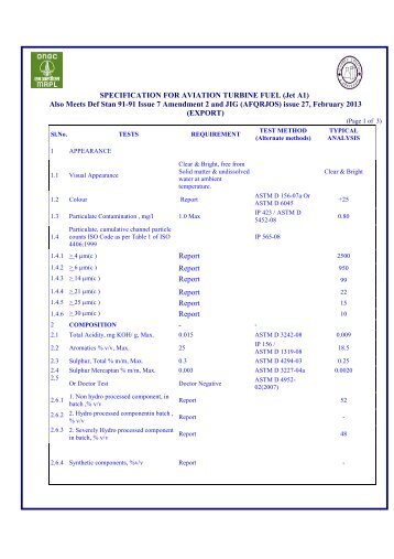 SPECIFICATION FOR AVIATION TURBINE FUEL (Jet A1)