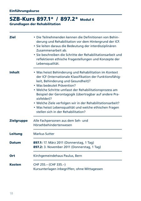 Kursprogramm 2011 (pdf) - Schweizerischer Zentralverein für das ...