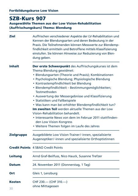 Kursprogramm 2011 (pdf) - Schweizerischer Zentralverein für das ...