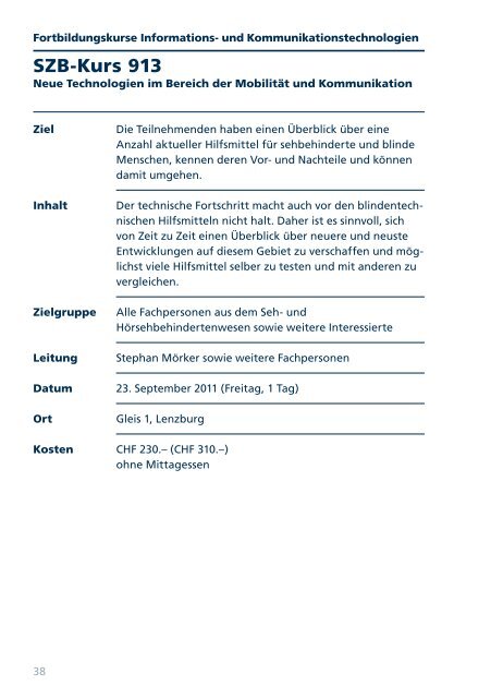 Kursprogramm 2011 (pdf) - Schweizerischer Zentralverein für das ...