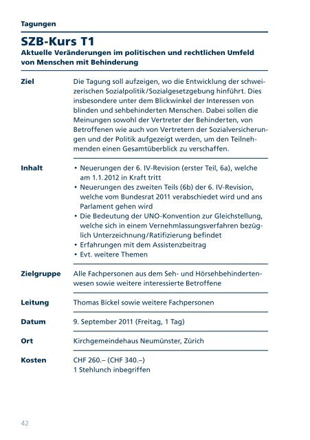 Kursprogramm 2011 (pdf) - Schweizerischer Zentralverein für das ...