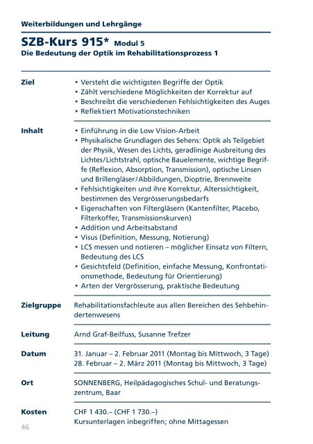 Kursprogramm 2011 (pdf) - Schweizerischer Zentralverein für das ...