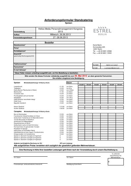Bestellformular Standcatering - Personalmanagementkongress