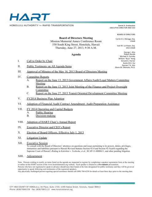 HART Board of Directors Meeting Agenda - Honolulu Rail Transit ...