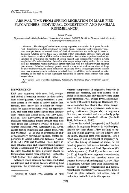 Arrival Time from Spring Migration in Male Pied Flycatchers ...