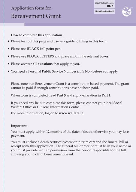 Bereavement Grant Application Form â€“ BG1 - Welfare.ie
