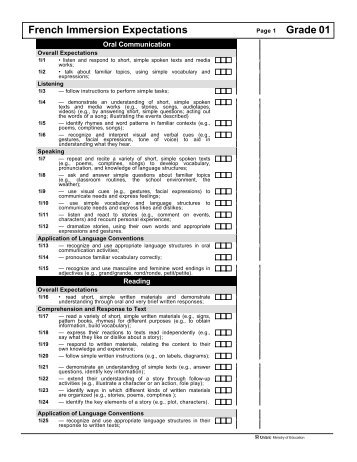 01 Grade French Immersion Expectations