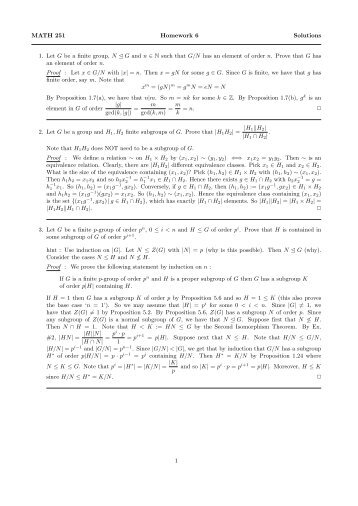 MATH 251 Homework 6 Solutions 1. Let G be a finite group, N Â¢ G ...
