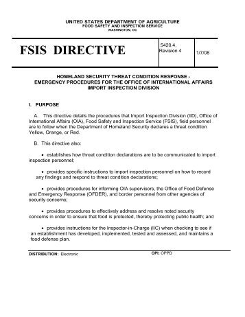 FSIS Directive 5420.4 Rev 4 Homeland Security Threat Condition ...