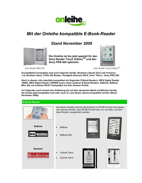 Mit der Onleihe kompatible E-Book-Reader Stand November 2009